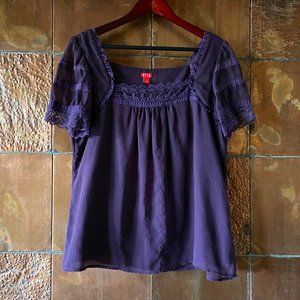 Baby Doll Blouse with Sheer Lace Detail * Plum * Large